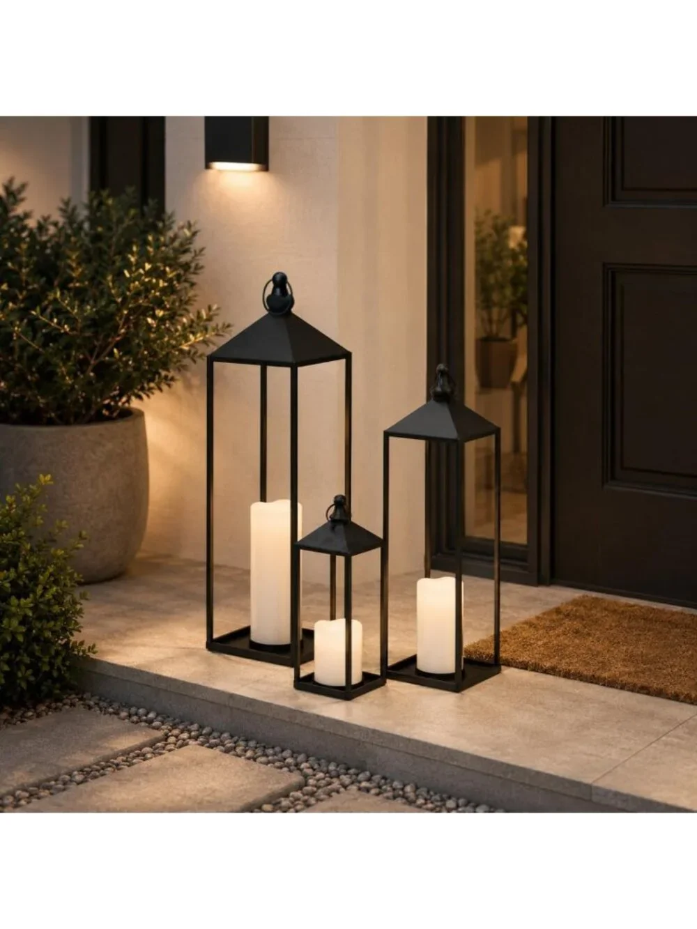 Set of 3 Large Black LED Lanterns with Flameless Candles for Indoor & Outdoor